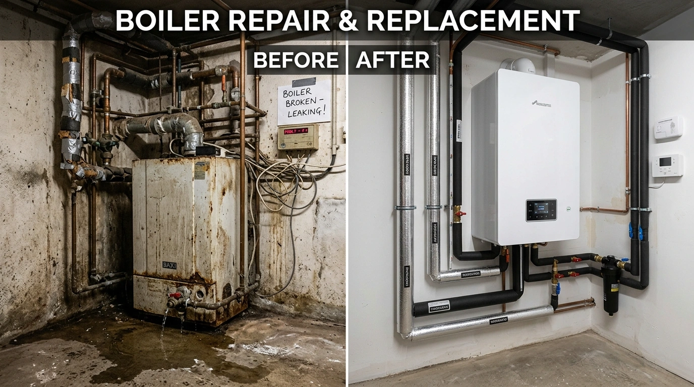 Before and after boiler repair and replacement project by Santa Murri Plumbers in Murrieta CA
