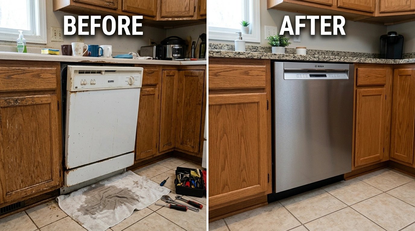 Before and After Dishwasher Repair and Replacement by Santa Murri Plumbers in Murrieta CA
