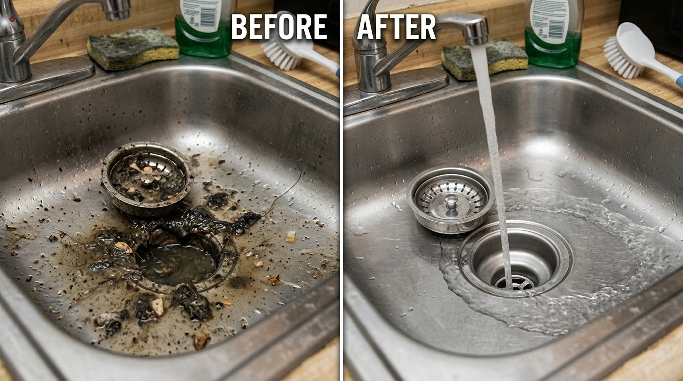 Before and After Drain Cleaning Service by Santa Murri Plumbers in Murrieta CA — Grease Removal, Root Clearing, and Full Drain Restoration