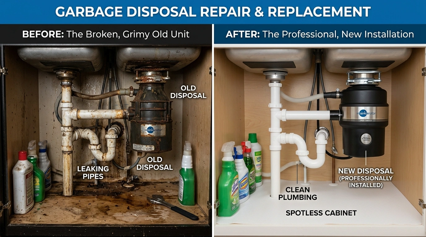 Before and after garbage disposal repair and replacement by Santa Murri Plumbers in Murrieta CA showing corroded unit replaced with new InSinkErator disposal
