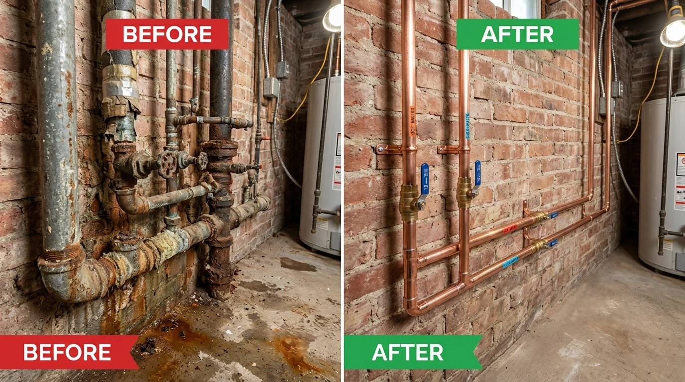 Before and after pipe repiping repair and replacement by Santa Murri Plumbers in Murrieta CA