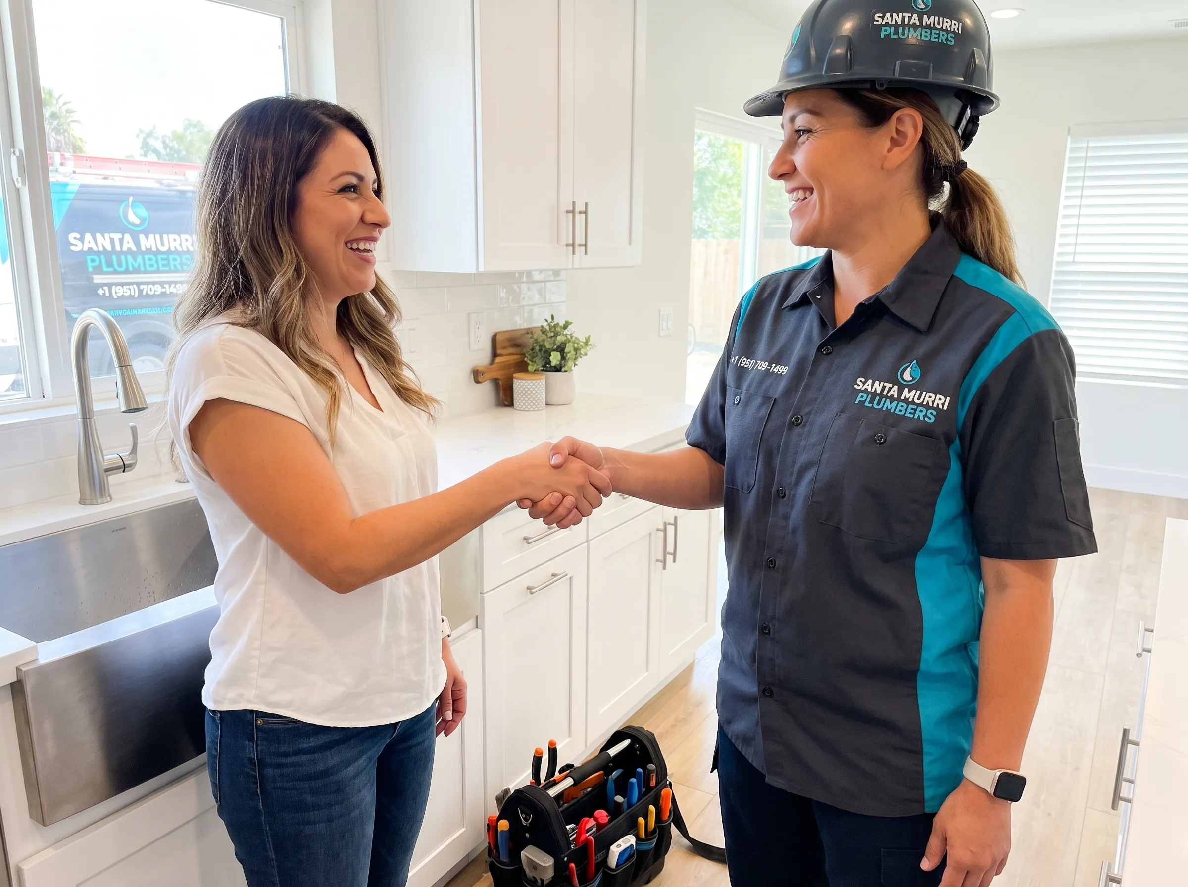 Santa Murri Plumbers Technician Greeting Homeowner — Trusted Plumbing in Murrieta CA