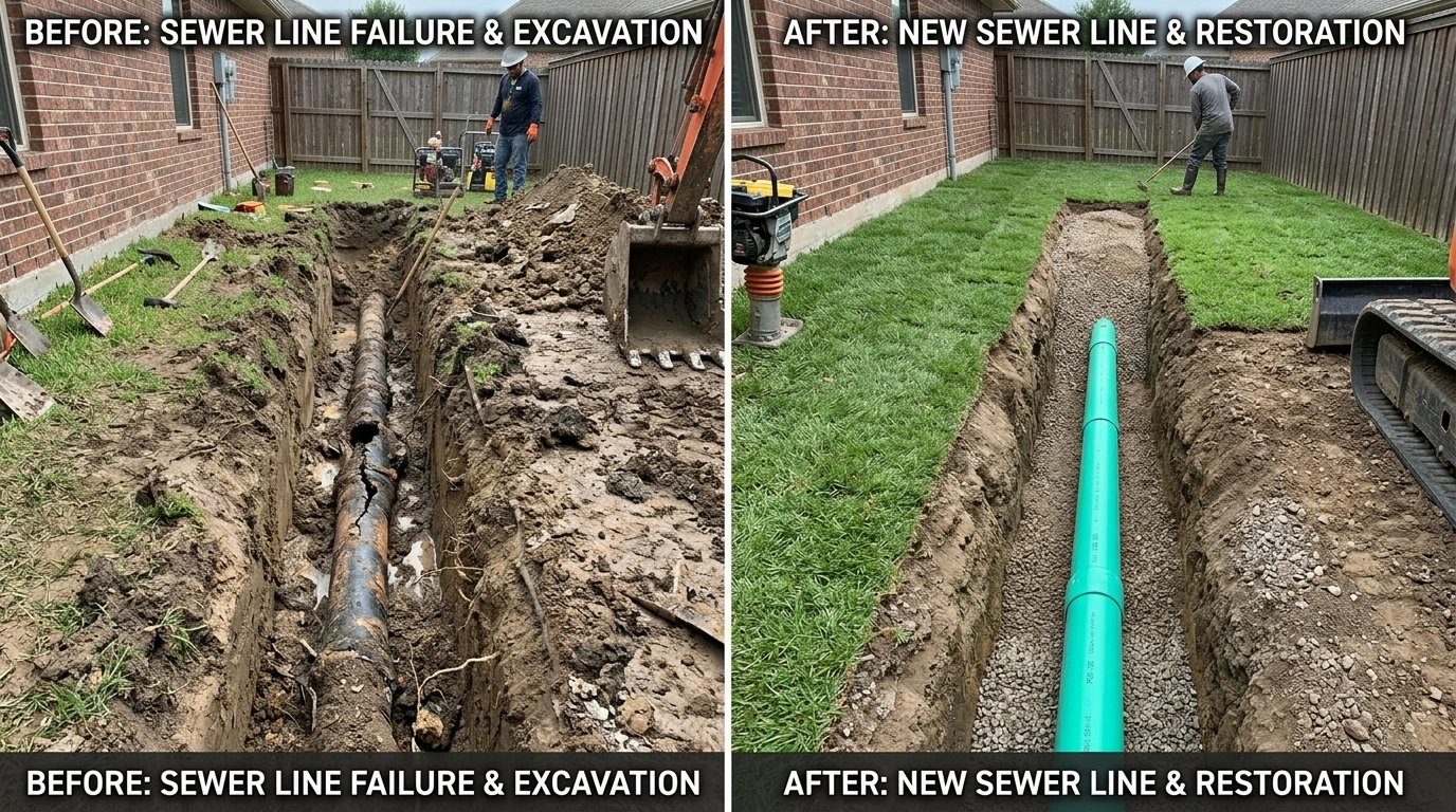 Before and after sewer line repair and replacement project by Santa Murri Plumbers in Murrieta CA