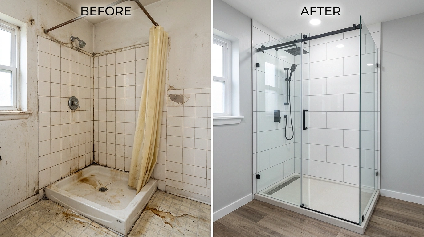 Before and After Shower Repair and Replacement by Santa Murri Plumbers in Murrieta CA - showing cracked fiberglass unit replaced with modern tile shower system