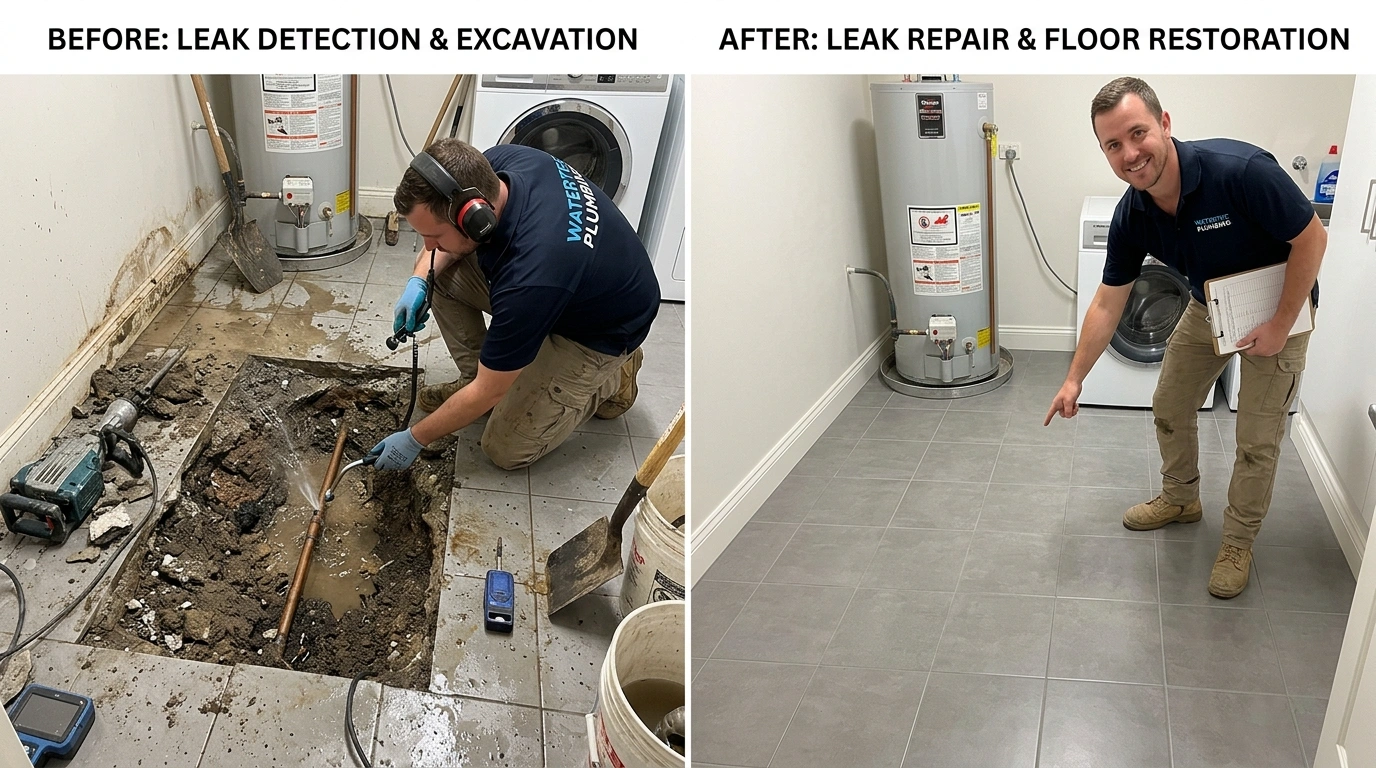 Before and after slab leak repair project by Santa Murri Plumbers in Murrieta CA showing precise acoustic detection and completed spot repair on copper supply line beneath concrete foundation
