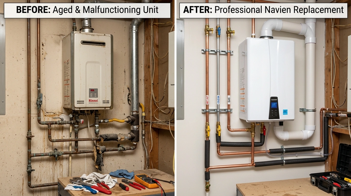 Tankless Water Heater Replacement Before and After by Santa Murri Plumbers in Murrieta CA