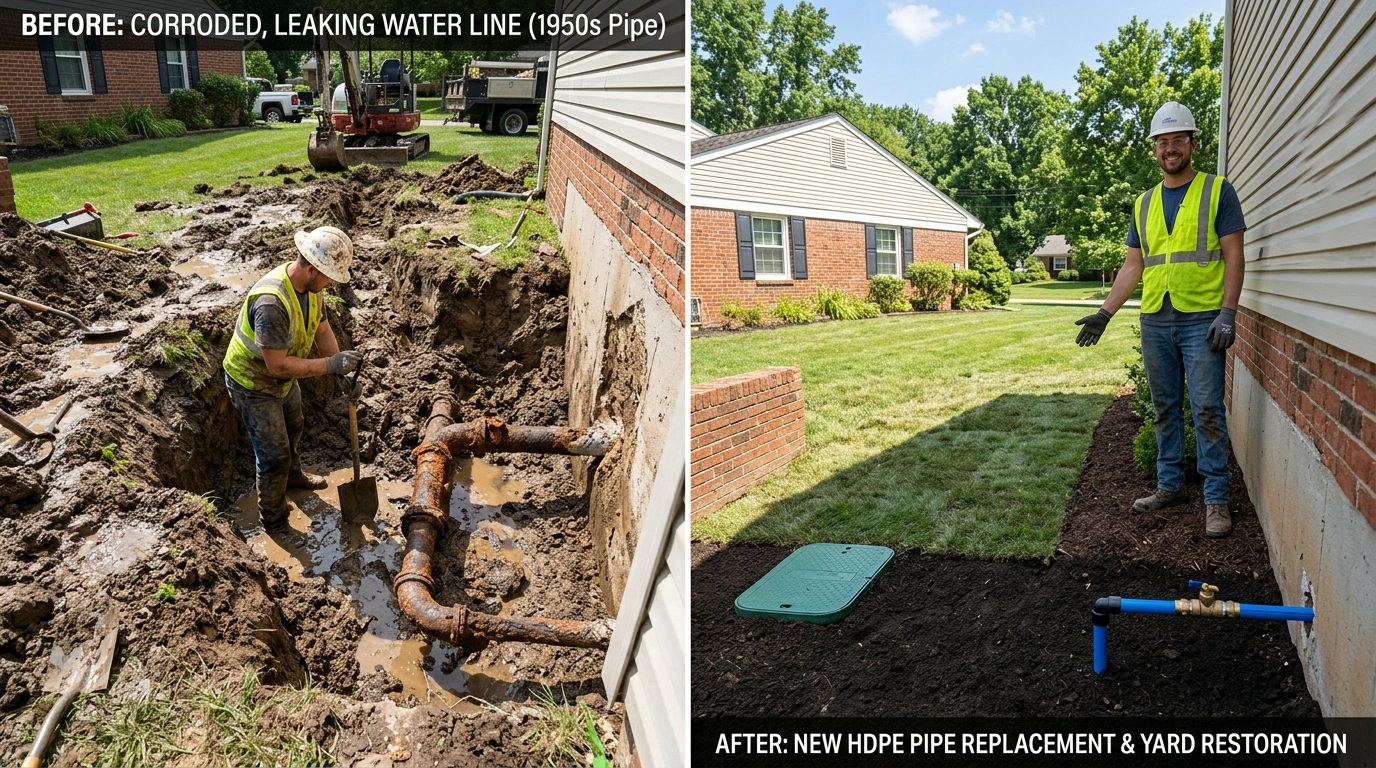 Before and after water line replacement and yard restoration by Santa Murri Plumbers in Murrieta CA